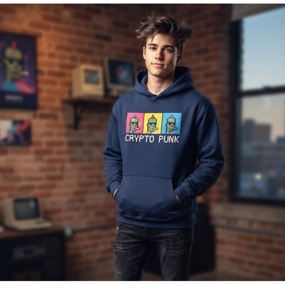 Crypto Punk Hoodie Size XL Navy Blue NFT Graphic Pixel Art Streetwear Sweatshirt
